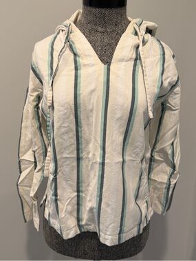 Striped Hooded Pullover in White and Teal